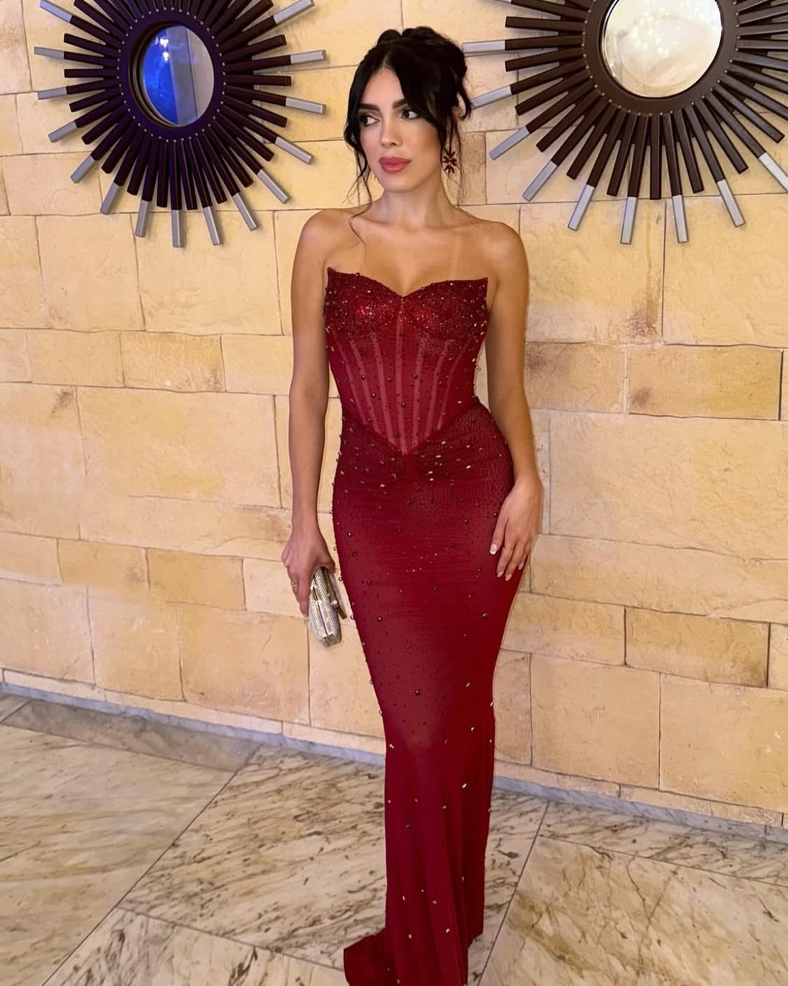 Miss Circle Fatima Red Crystal Sleeveless Corset Mermaid Maxi Dress