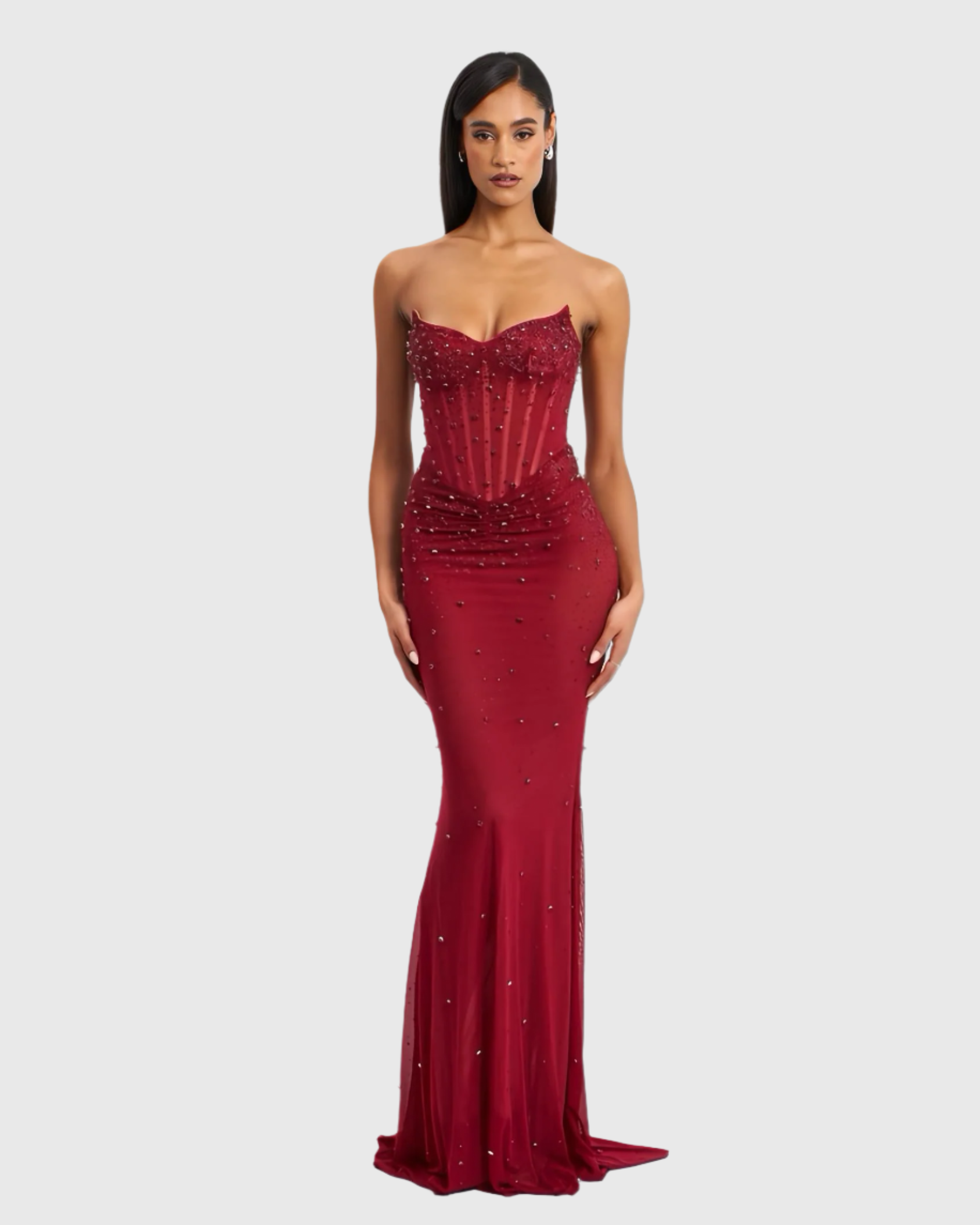 Miss Circle Fatima Red Crystal Sleeveless Corset Mermaid Maxi Dress