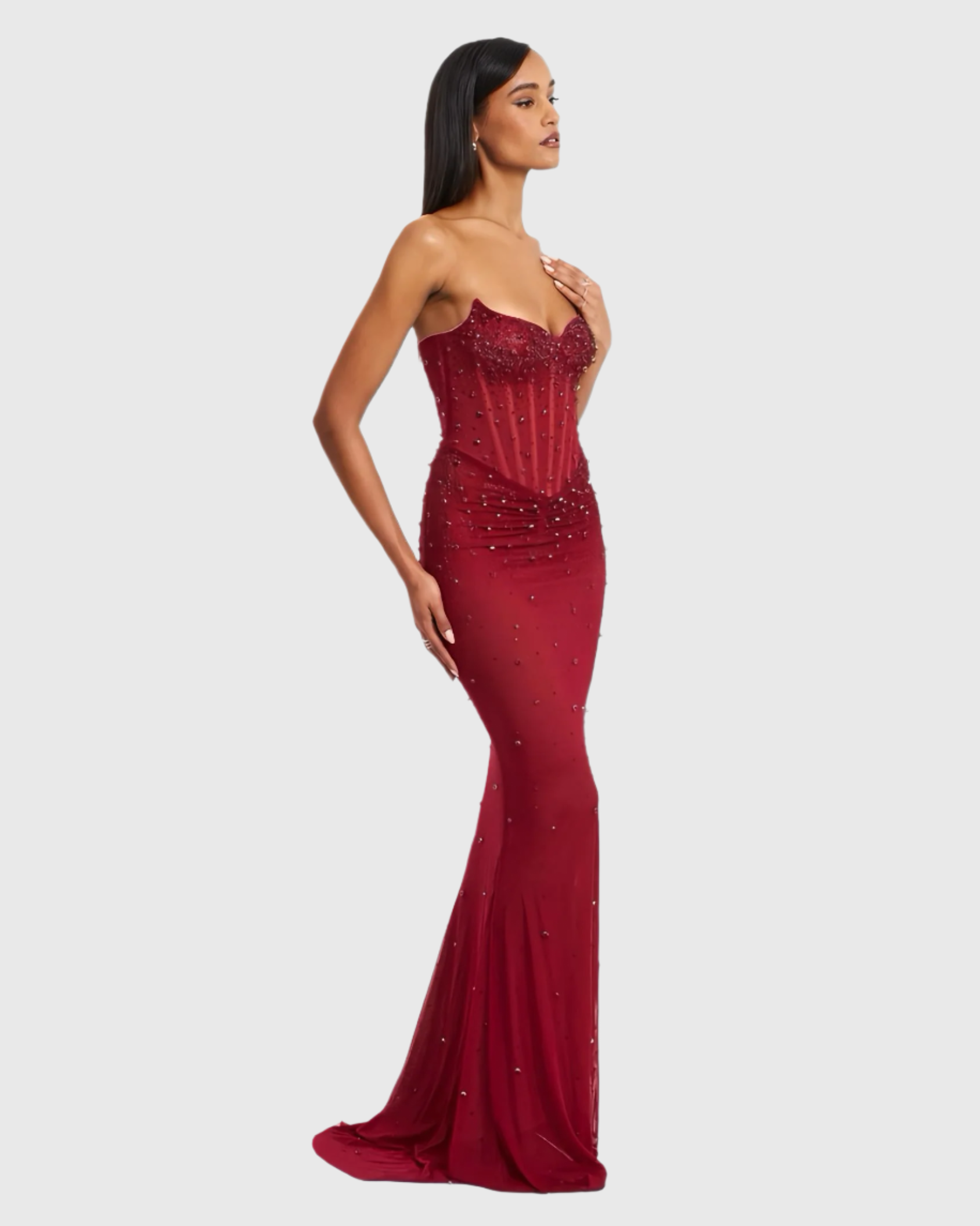 Miss Circle Fatima Red Crystal Sleeveless Corset Mermaid Maxi Dress
