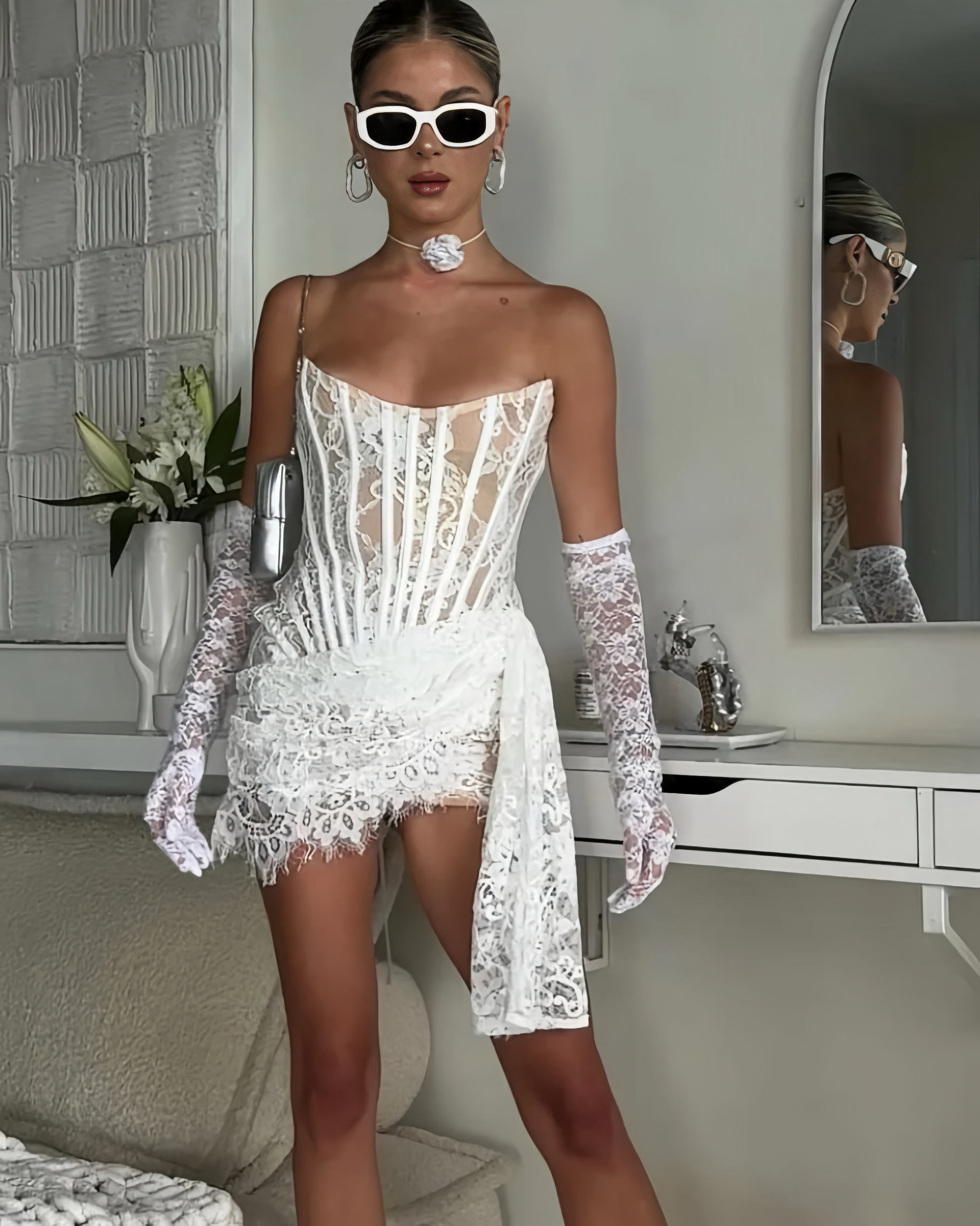Heiress Beverly Hills Lace Corset Draped White Mini Dress