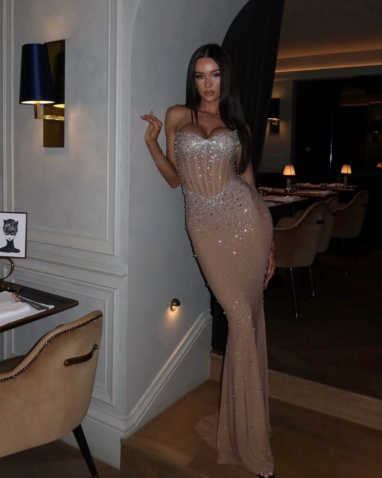 fatima nude crystal sleeveless corset mermaid maxi dress Fatima Black Crystal Sleeveless Corset Mermaid Maxi Dress | Miss Circle New York