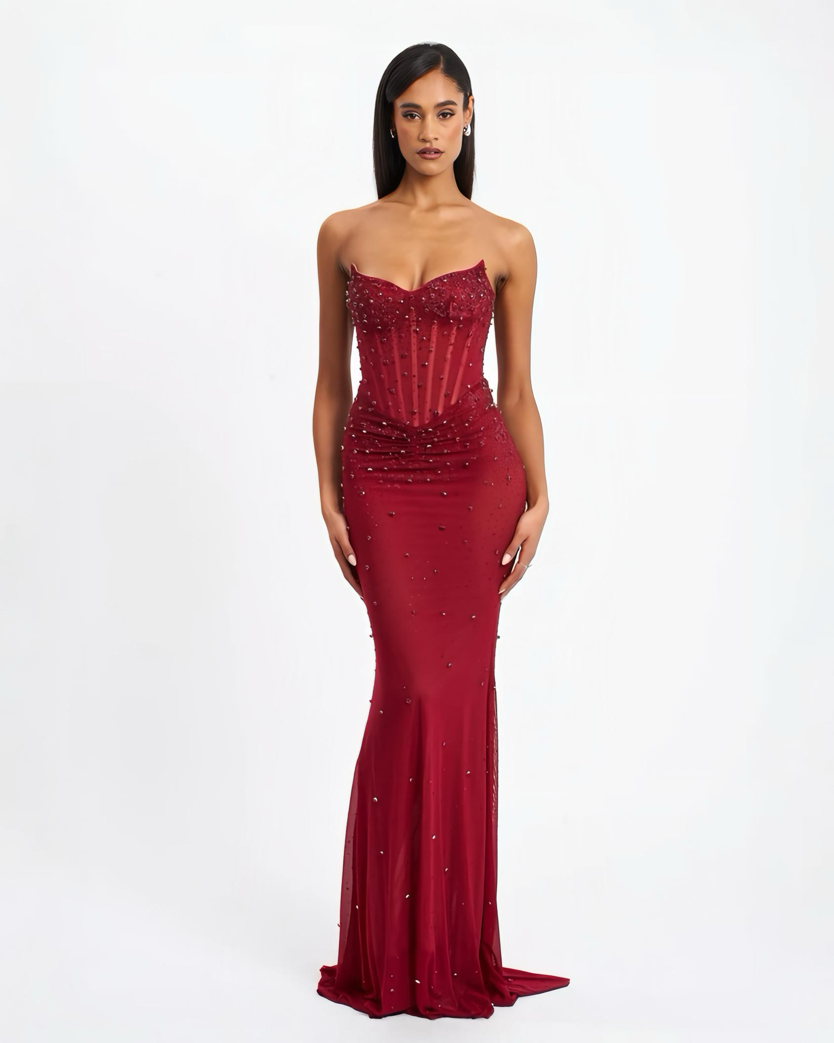 Miss Circle Fatima Red Crystal Sleeveless Corset Mermaid Maxi Dress