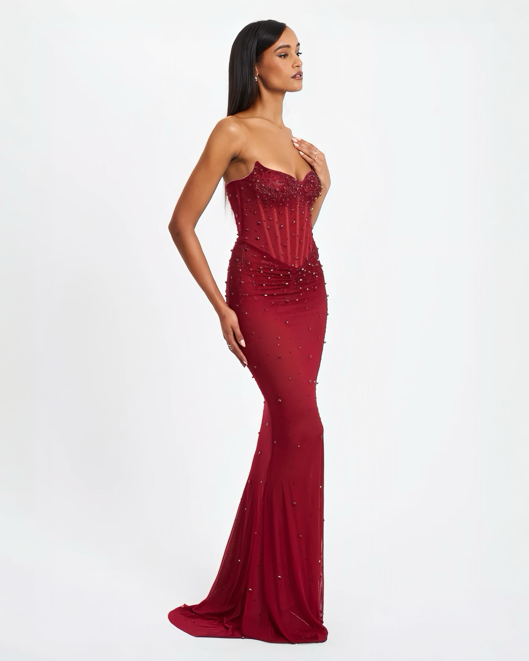 Miss Circle Fatima Red Crystal Sleeveless Corset Mermaid Maxi Dress